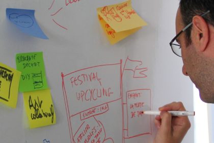 Un homme qui écrit sur un tableau blanc dans un workshop de design thinking