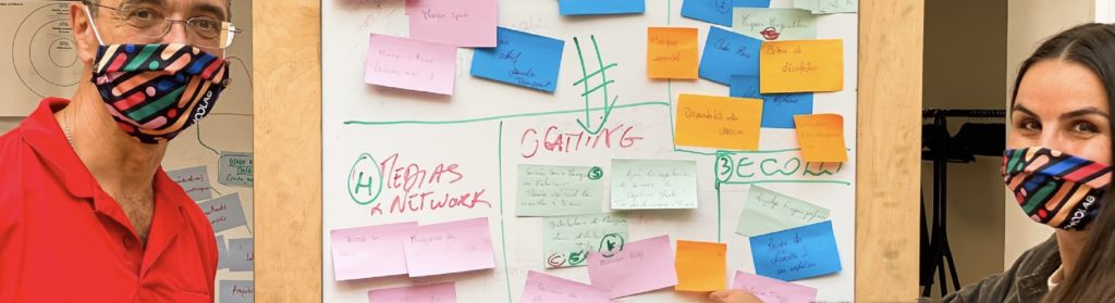 Deux coach en photo devant leur tableau de post-it près un workshop design thinking