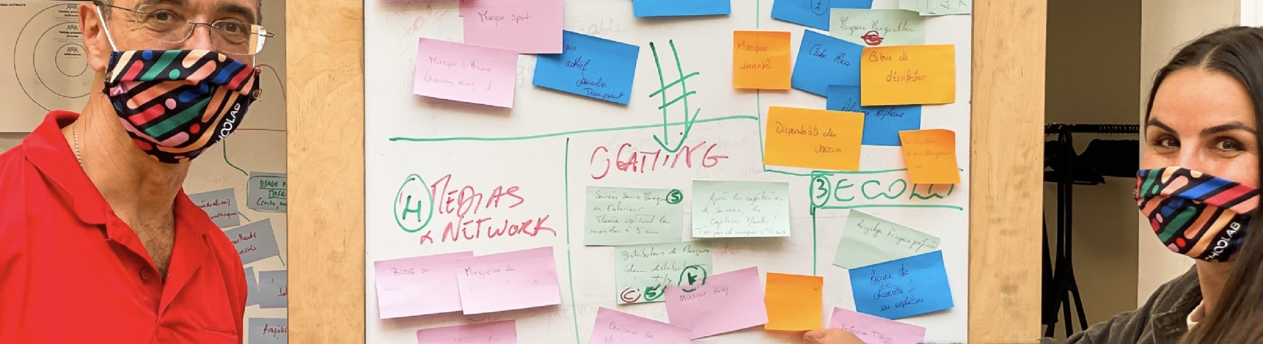 Deux coach en photo devant leur tableau de post-it près un workshop design thinking